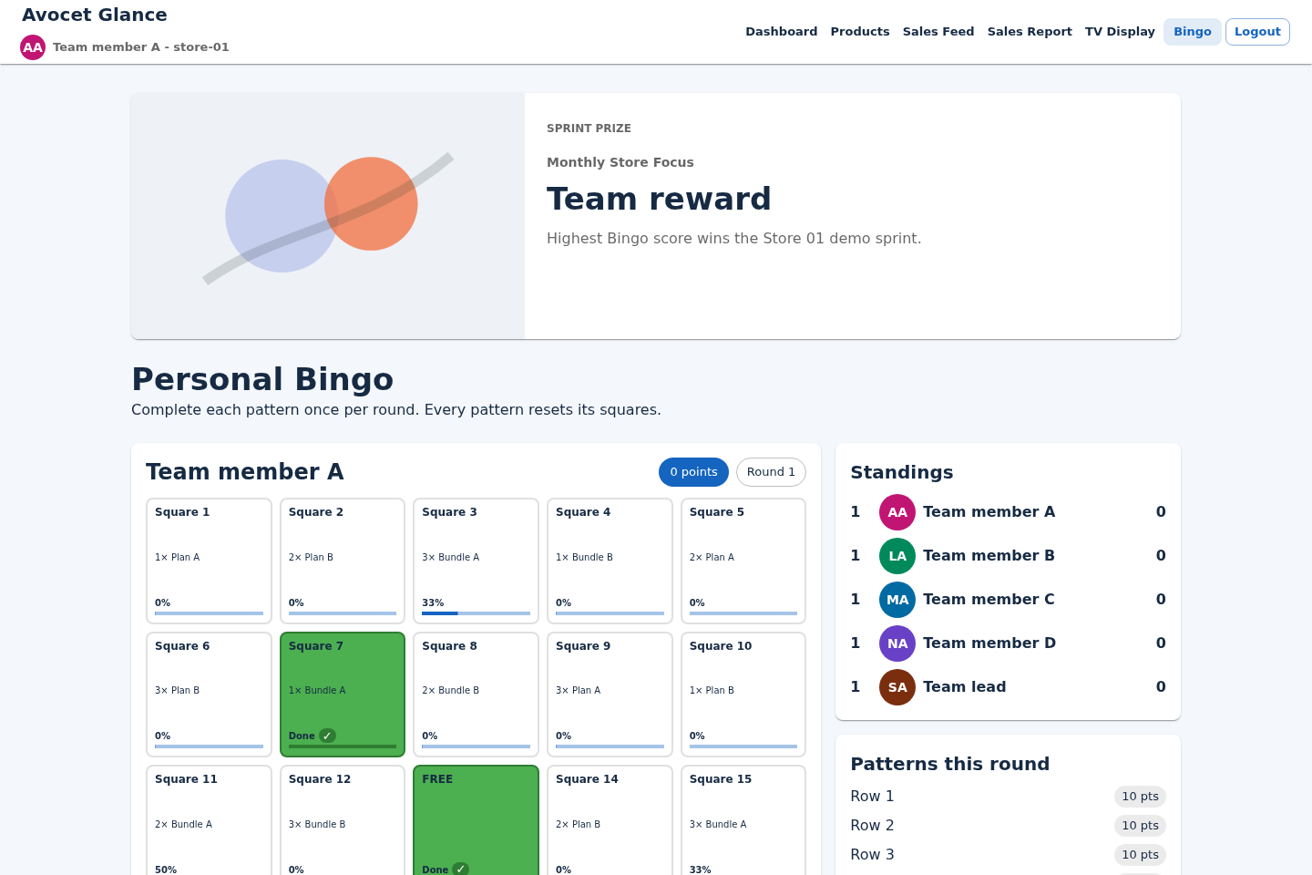 Sanitised Avocet Glance personal Bingo board and team standings generated from synthetic sales activity.