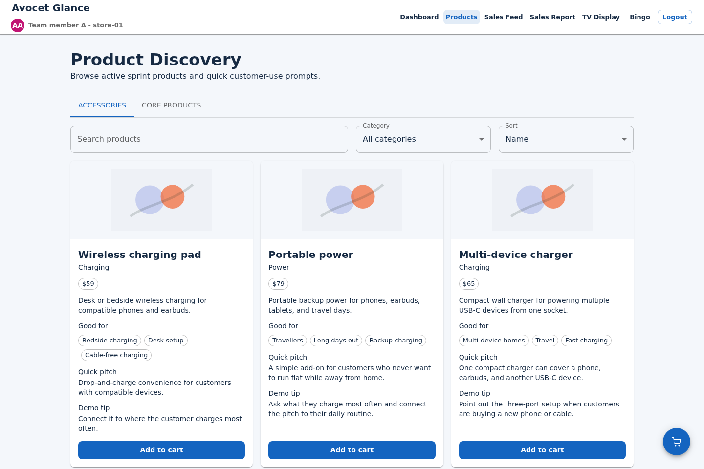 Sanitised Avocet Glance product discovery view with search, filters, synthetic product cards and add-to-cart actions.